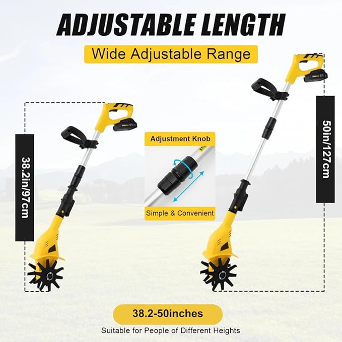 20 V Cordless Tiller Cultivator, 250 RPM Electric Rototiller for Gardening, 6.7" Deep x 4" Wide Cultivation, Battery Included (Classic Yellow)
