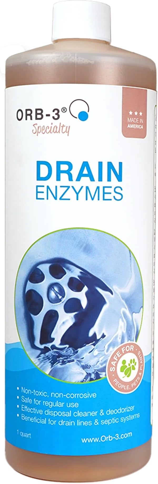 Orb-3 Drain Enzymes, Multi-Purpose Enzymatic Drain Cleaner & Deodorizer, 1-Quart – Breaks Down Grease & Organic Build-Up for Drains, Pipes, Garbage Disposals & Septic Systems