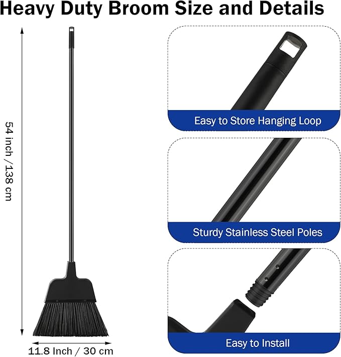 8 Pcs Outdoor Broom for Floor Cleaning 54 Inch Commercial Heavy Duty Broom Long Handle Kitchen Household Angle Brooms for Sweeper Sweeping Indoor Dust Hair Cleaner Corn Shop(Black)