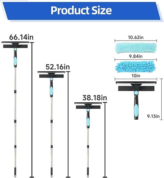 65'' Window Washing Kit with Extension Pole, 2-in-1 Window Cleaning Kit with Scrubber and Rotating Head, Window Cleaner Tool for Shower Rooms, Glass, Floors, Tiles, Walls, Car Windshields