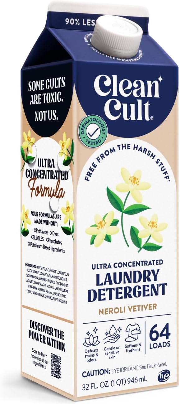Cleancult Ultra Concentrated Liquid Laundry Detergent, 64 loads (32 oz), Long Lasting Scent, 90% Less Plastic, No Harsh Chemicals, Neroli Vetiver, Defeats Stains & Odors, HE/Standard Compatible
