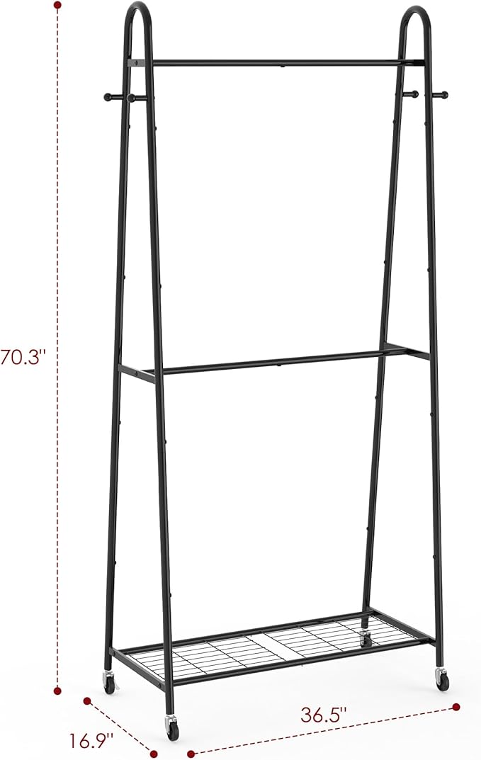 Sakugi Metal Clothes Rack - Clothing Racks for Hanging Clothes with Two Hanging Rods, 4 Hooks & Mesh Shelf, Triangular Coat Rack for Bedroom, Closet, Laundry Room, 36.5" x 16.9" x 70.3",Black