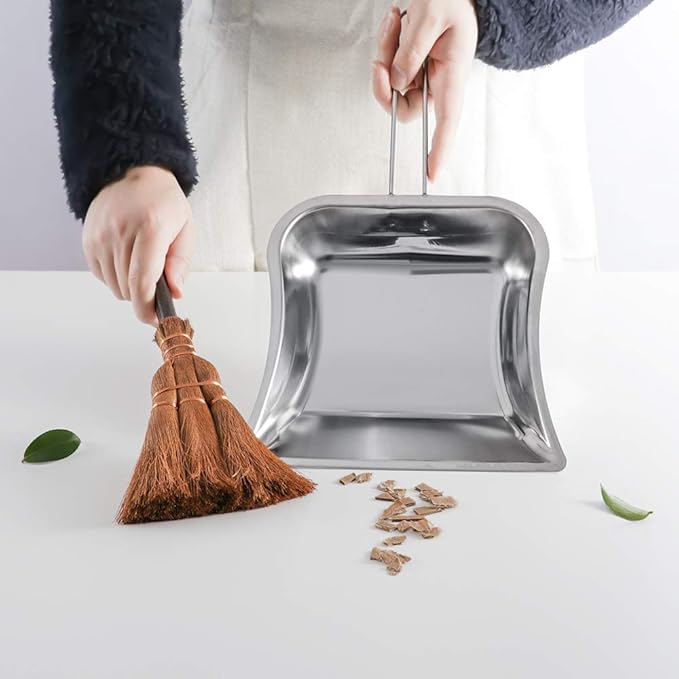 Small Metal Dustpan and Brush Set Heavy Duty Vintage Dust Pan Natural Handmade Broom Dust Shovel for Fireplace Garage Workshop Tabletop