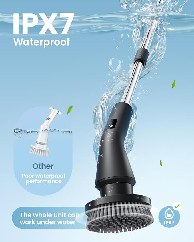 Electric Spin Scrubber, Upgraded IPX7 Cordless Cleaning Brush for Bathroom Shower, Household Cleaning Scrubber with 7 Brush Heads, Adjustable Long Handle and 2 Rotating Speeds for Tub Floor