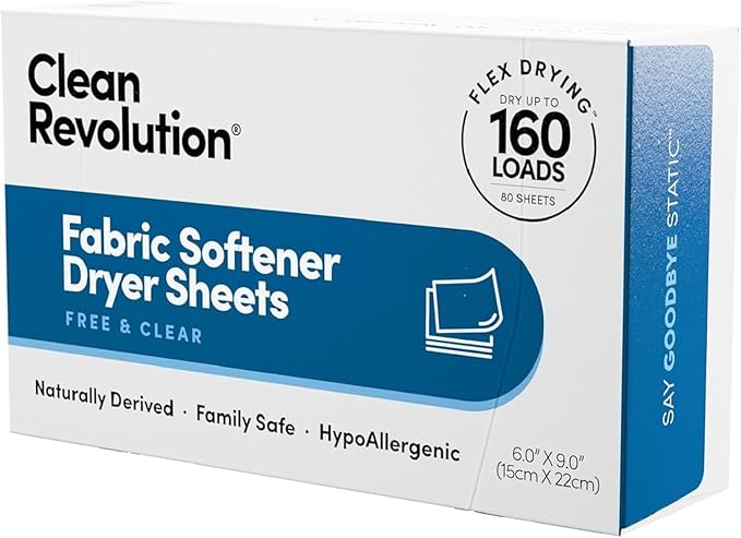 Clean Revolution Natural Fabric Softener Dryer Sheets, 80 Sheets, 160 Loads, Fragrance Free For Sensitive Skin, Made in the USA
