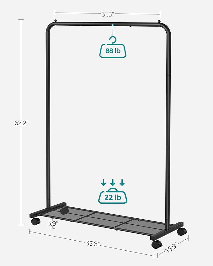 SONGMICS Clothes Rack with Wheels, Clothing Rack for Hanging Clothes, 25.4 mm Metal Garment Rack with Dense Mesh Storage Shelf, 110 lb Load Capacity, 2 Brakes, Black UHSR25BK
