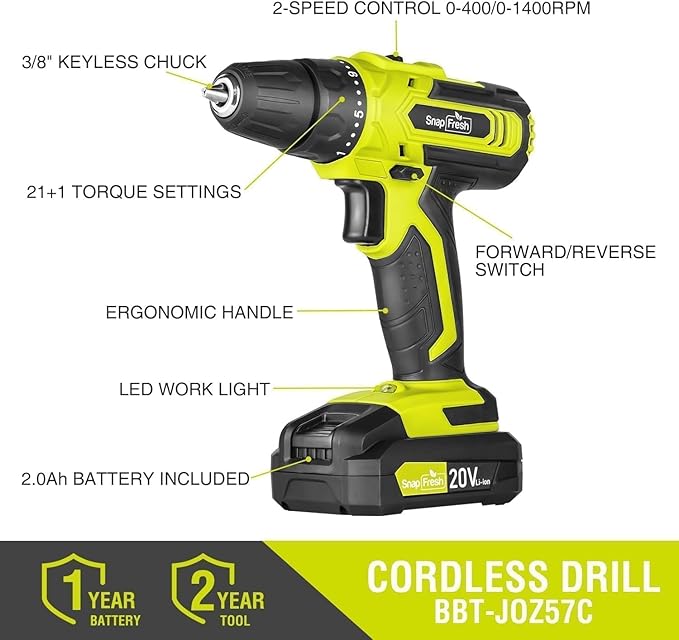 SnapFresh 20V Cordless Drill Set, 3/8" Power Drill with 2 Variable Speed, 21+1 Torque Setting, LED, 43pcs Drill Bits, Impact Driver Kit for Home,DIY-2.0Ah Battery & Fast Charger Included
