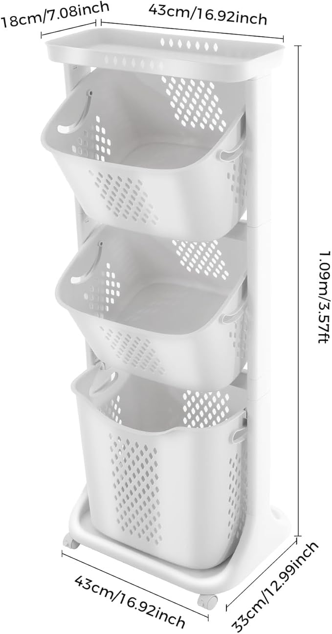 3 Tier Rolling Laundry Basket, Stacked Laundry Basket Organizer, Free Standing Portable Storage Baskets, Rolling Laundry Hamper Cart with 4 Wheels for Clothes, Toiletries, Snacks