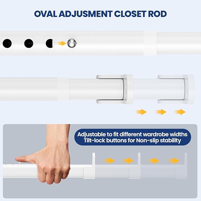 Mavivegue Oval Closet Rod, Closet Rods for Hanging Clothes, Adjustable Closet Rod – Expandable 17 to 40 Inches, Wardrobe Closet Organizer for Laundry Room, RV, Closet Storage (white)