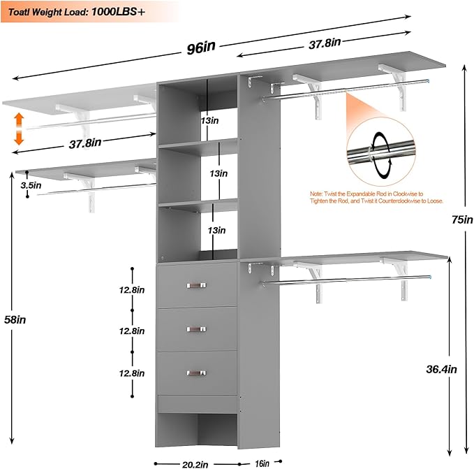 iSunirm 8FT Closet System, 96'' Closet Organizer System with 3 Hanging Rods, Wall Mount Bedroom Wardrobe with 3 Drawers Walk-in Closet, Adjustable Cloth Garment Rack from 5 to 8FT (Cut to Fit), Grey