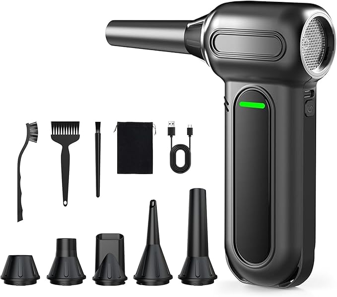 ANABOX Compressed air duster-150000 RPM Compressed Air Duster with LED Light, 8000mAh Rechargeable Battery, 4-Speed Adjustable mini Blower for Keyboard, Computer, Camera, Car, Home, 5 Nozzles