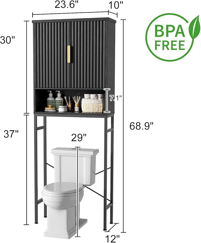 Over The Toilet Storage Cabinet with Fluted Doors and Adjustable Shelf, Tall Bathroom Organizer with Metal Stand Space Saver Over Toilet , Wood Rack for Bathroom, Restroom, Laundry, Natural Black