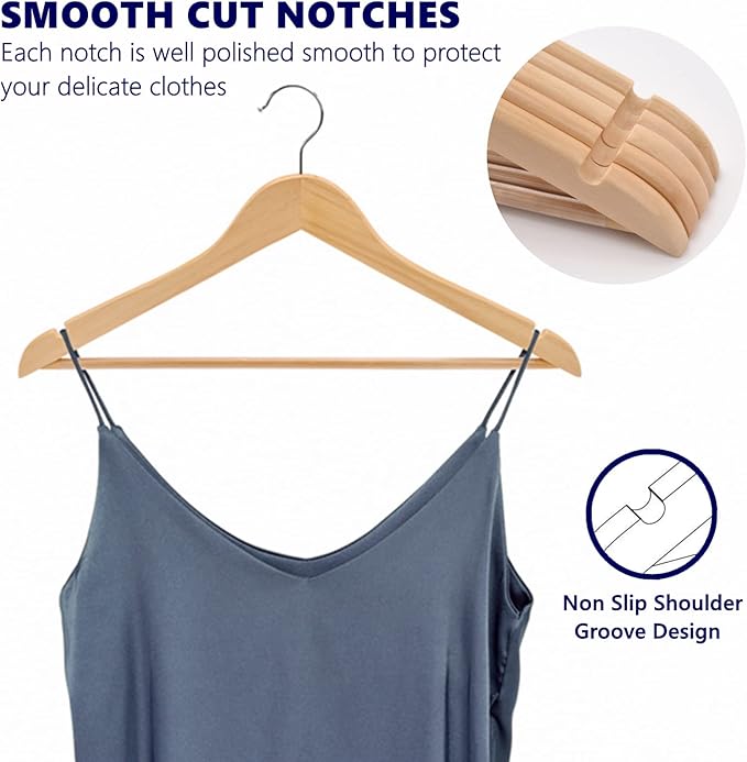 Amber Home 30 Pack Wooden Coat Hangers, Natural Wood Suit Hangers with Non-Slip Pant Bar, Clothes Hangers for Closet Organization, Shirts, Jackets, Dresses, and Pants (Natural, 30)
