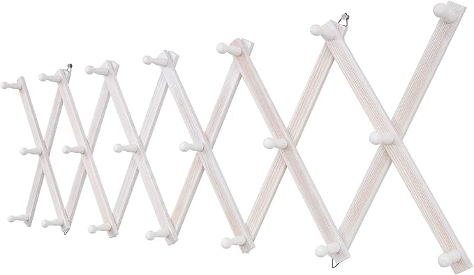 SCUNDA Accordion Wall Hanger with 20 Hooks, Wooden Wall Expandable Coat Rack for Coat, Hats, Baseball Caps, Coffee Mug, Jewelry(Ruist White)