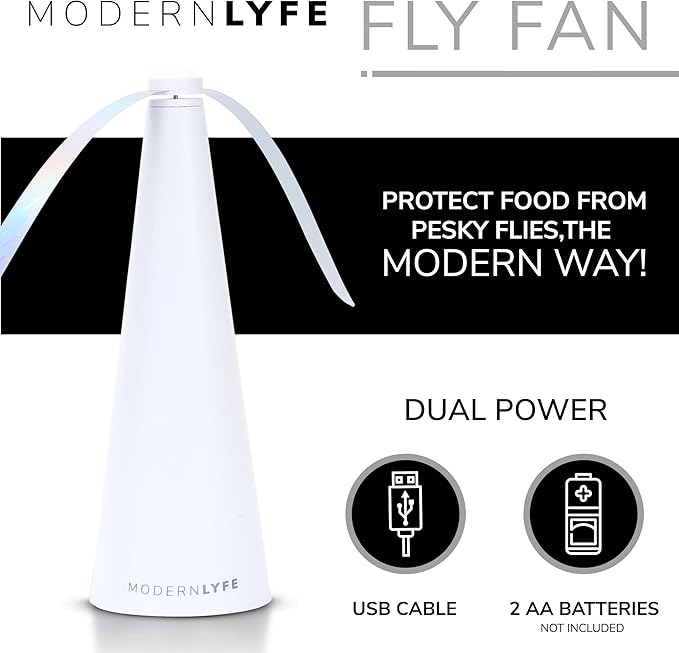 Fly Fans for Tables by Modern Lyfe - AA Battery & USB Powered - Fly Swatter Outdoor Camping Accessory Or for Food at Parties, Restaurants & Picnics, Bug Fan, Spinner Keeps Flies Away (2 Pack - White)