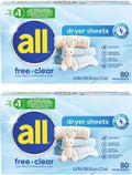 2 Pack- Fabric Softener Dryer Sheets for Sensitive Skin, Free Clear, 80 Count (160ct)