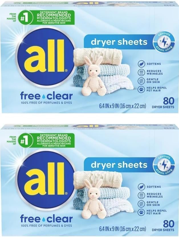 2 Pack- Fabric Softener Dryer Sheets for Sensitive Skin, Free Clear, 80 Count (160ct)