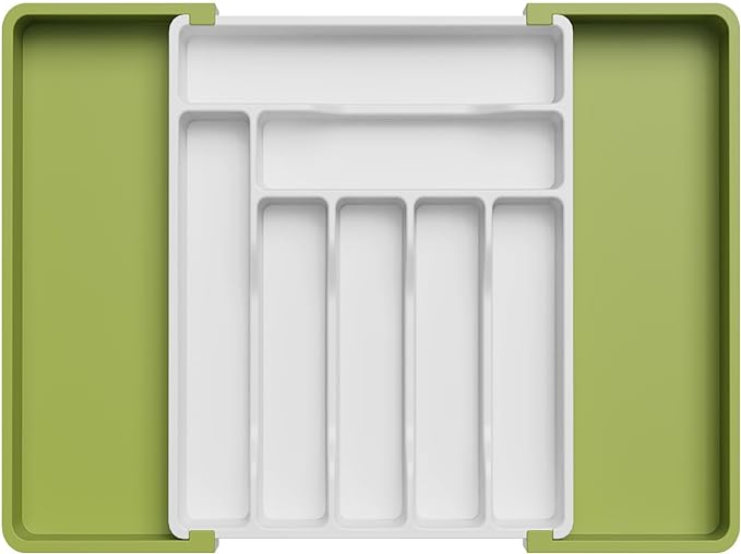 Lifewit Utensil Organizer for Kitchen Drawer, Expandable Cooking Silverware Tray, Adjustable Cutlery Flatware Holder, Plastic Spatula Tools Storage Divider, 13-22.4 x 15", Green&White
