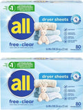 All Free Clear Dryer Sheets for Sensitive Skin, Fabric Softener Sheets, 80 Count, 2 Pack (160 Total)