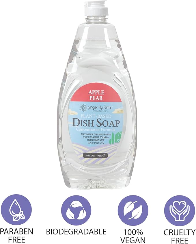 Ginger Lily Farms Botanicals Plant-Based Liquid Dish Soap, Concentrated Formula with Max Grease Cleaning Power, Cruelty-Free, Apple Pear Scent, 24 Fl Oz (Pack of 8)
