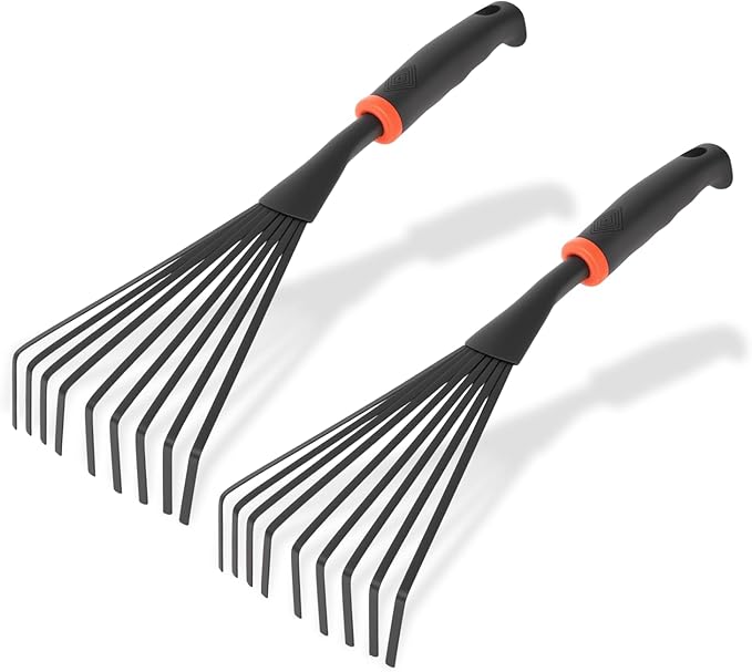 2 Pcs Gardening Hand Rake, 14.5" Alloy Steel Short Handle Shrub Rake for Soil Loosening, Planting and Spreading Mulch, Hanging Hole for Storage, Perfect for Maintaining a Raised Garden Bed