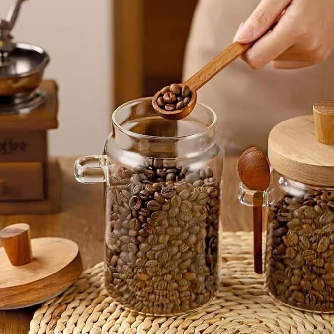 ANSQU Glass Jar with Wooden Lid and Spoon, 20.3oz Food Storage Containers Coffee Jar Coffee Grounds Container, Glass Food Storage Canister, Gratitude Jar for Mother' Day (1 Pack)