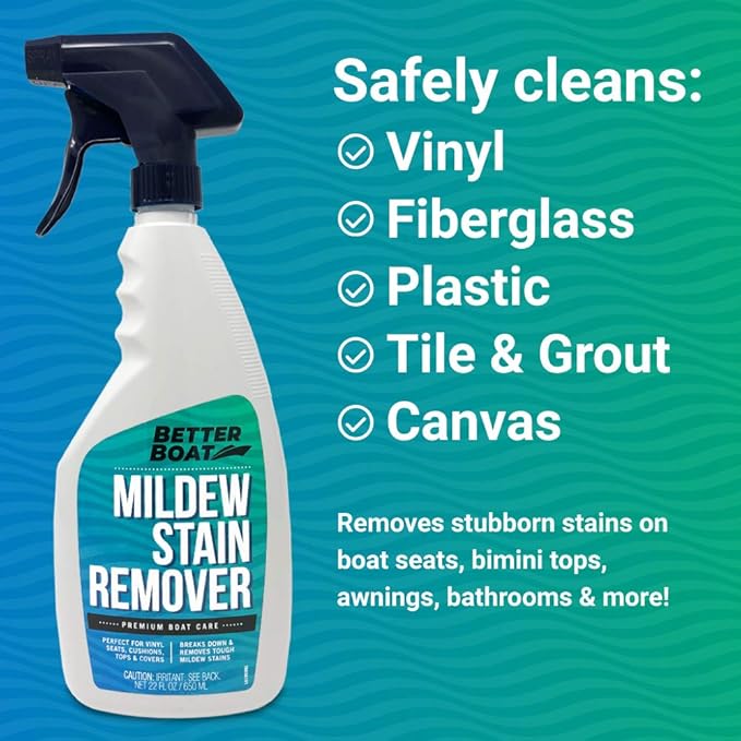 Better Boat Mold and Mildew Stain Remover 22oz Spray for Fabric Vinyl Tile Grout, Removes Mold Stains on Boat Seats Bathroom Shower Patio Furniture Carpet Canvas