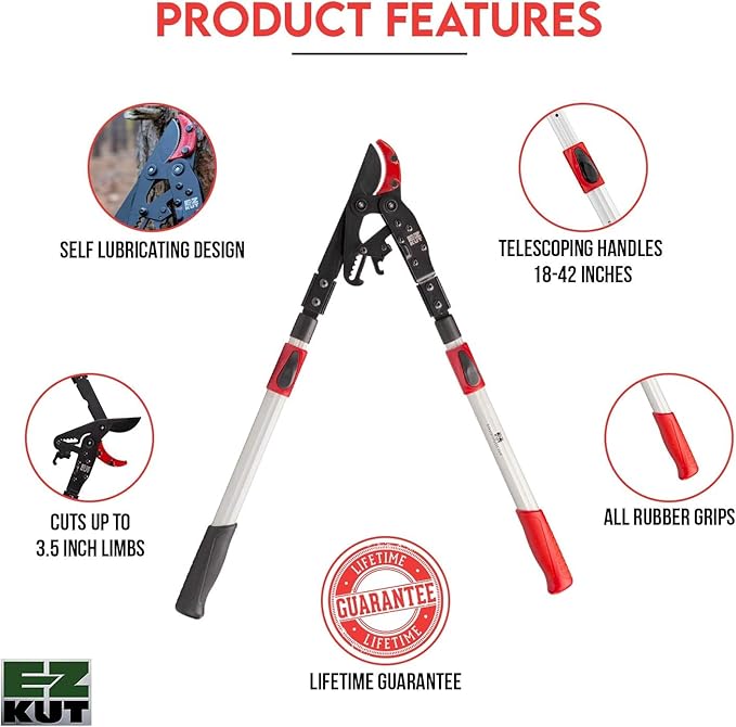 EZ Kut Tree Trimming Combo Kit – Includes 42" Extendable Ratcheting Lopper + Sling Pak Sheath + Bonus Replacement Blade – Heavy Duty Garden Tools Set, Pruning Shears for Thick Branches (Pink Pack)