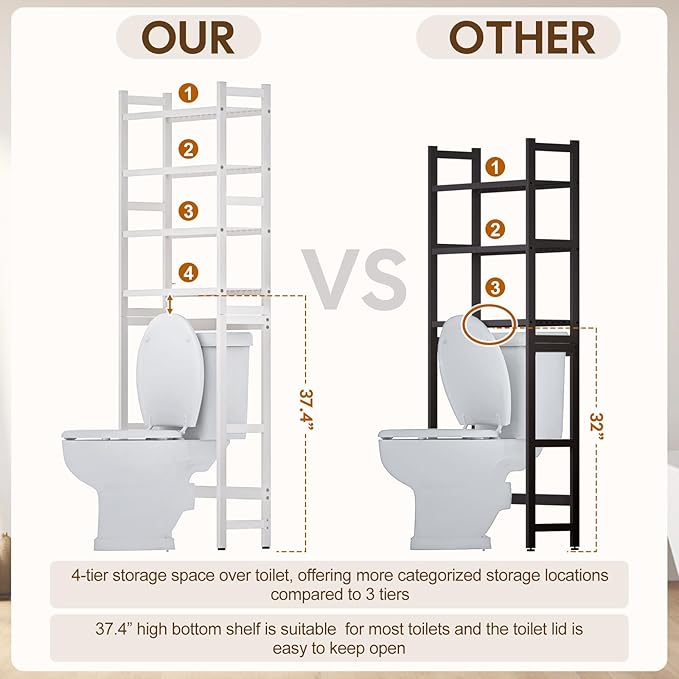 Cozivolife Over The Toilet Storage with 2 Baskets, 4-Tier Bamboo Organizer Rack with Paper Holder & 4 Hooks & Waterproof Feet Pad,Freestanding Shelf for Bathroom(White)
