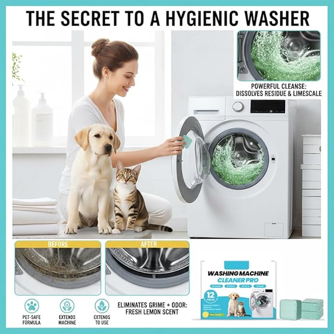 Washing Machine Cleaning Tablets: Powerful Deep Cleaning for Front Loader & Top Load Washer Machines - Clean Inside Drum and Laundry Tub Seal (12 pieces)