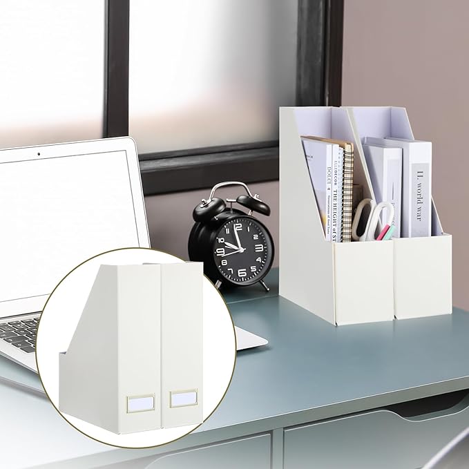 Gueevin Set of 6 Magazine File Holder Stylish Sturdy Cardboard File Boxes Desk Magazine Organizer Rack with Gold Label Holder to Organize Your Desk or Shelves for Home Classroom Office Library(Beige)