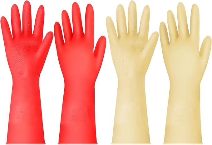 Rubber Cleaning Gloves for Dishwashing - 4 Pairs Kitchen Gloves for Washing Dishes, Reusable Household Gloves for Bathroom, Gardening (Small, Red & Beige, 2 Pairs of Each Color)