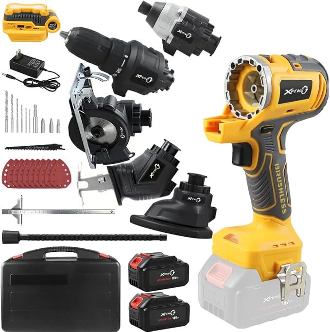Cordless Power Tool Combo Kit 18V 6-Tool Set Circular Saw, Palm Sander, Drill, Impact Driver, Reciprocating Saw, Battery Adapter with 2×4.0Ah Batteries and Fast Charger Cordless Power Tool Set