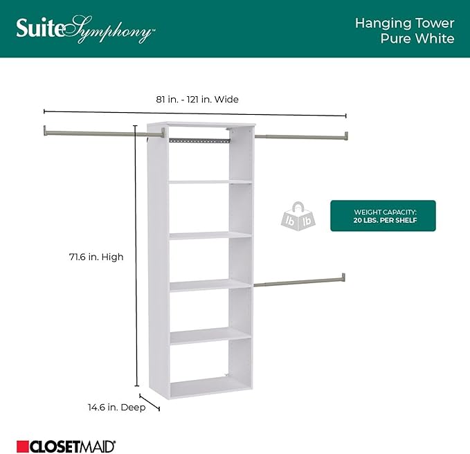 ClosetMaid SuiteSymphony Hanging Closet Kit Includes (1) Tower, (3) Closet Rods, and (6) Shelves, White