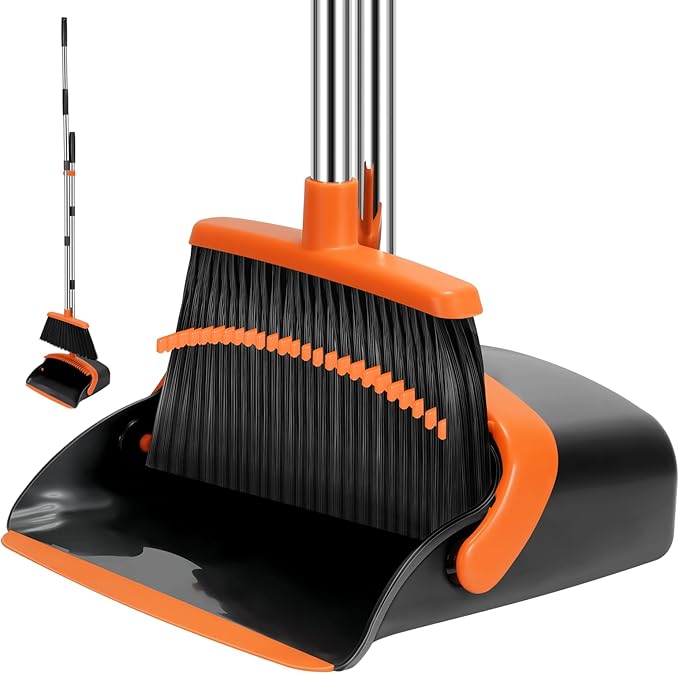 Broom and Dustpan Set, 55-in Long Adjustable Handle Broom with Dustpan Combo Set with Dustpans Teeth to Automatically Clean Hair Suitable for Home Kitchen Office Hall Lobby, Large(Black&Orange)