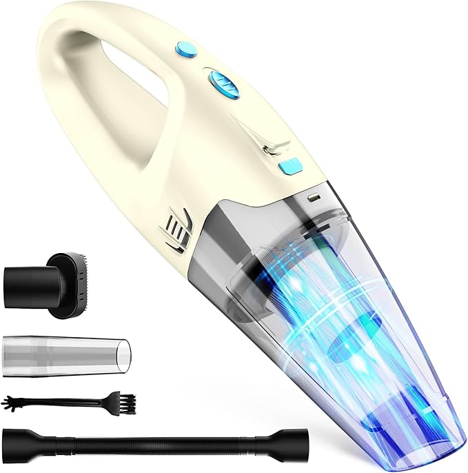 FUOAYOC Handheld Vacuum Cordless,Car Cordless Rechargeable, 6KPA Powerful Suction Hand Held Vacuum with LED Light/Multi Accessories, 1.6lbs Mini Portable Vacuum Cleaner for Home/Car/Office Cleaning