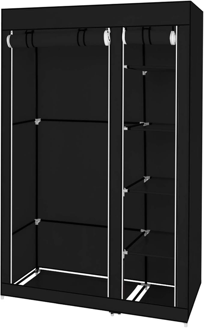 Portable Closet Wardrobe,67'' Closet Storage Organizer Rack with Shelves and Cover for Hanging Clothes, Non-Woven Fabric, Quick and Easy to Assembly (Black)