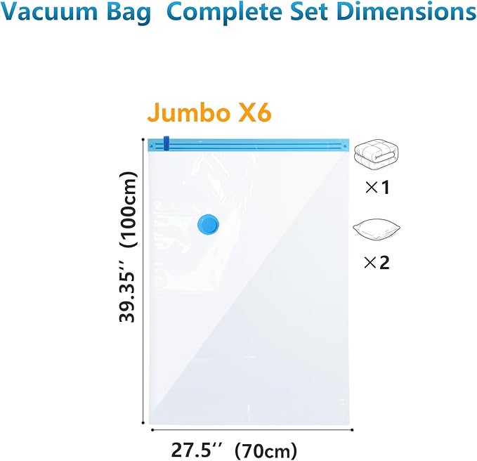 6 Pack Vacuum Storage Bags，Space Saver Bags(6 Jumbo) Compression for Comforters and Blankets, Sealer Clothes Storage, Hand Pump Included