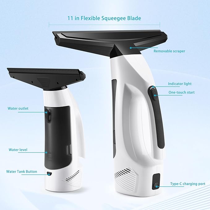 Window Vacuum Squeegee Cordless, Handheld Window Vac with Multi-Purpose Spray Bottle & Microfiber Cloth, Electric Cleaning Tool for Windows, Tiles, Mirror, Countertop, Car Windshield
