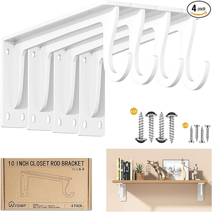 10 inch Closet Rod Bracket Support 400lb WYGWP Heavy Duty Closet Shelfs Support with Rod Holders, Wall Mounted Shelf Shelving Brackets with Hook for Wardrobe Walk-in Closet and Armoire(4pack White )