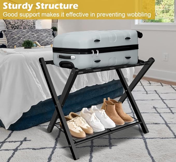 mocomax 2 Pack Folding Luggage Rack for Guest Room, Foldable Suitcase Stand Holder with Metal Storage Shelf for Bedroom, Living Room, Hotel Essentials, Heavy Duty Steel Frame, Black