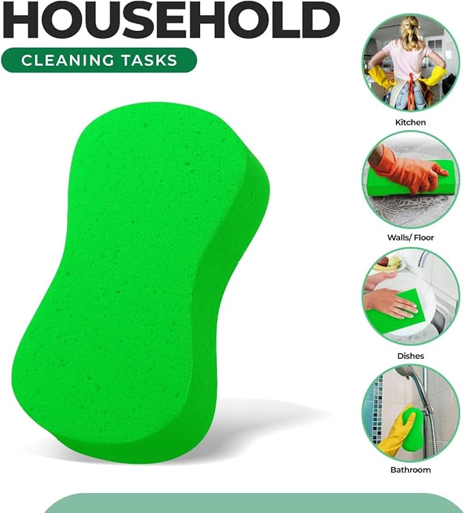 Multi-Purpose Sponges for Cleaning - Lime Green 4 Pack, Large Sponges for Car Washing, Tile & Grout, All Purpose Cleaning