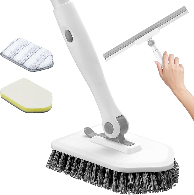 nacena Shower Scrubber with Long Handle, 4 in 1 Tile Tub Scrubber Brush with 3 Detachable Cleaning Shower Heads and Floor Squeegee Shower Cleaner Brush for Bathroom Kitchen Tub Sink Floor, Grey White