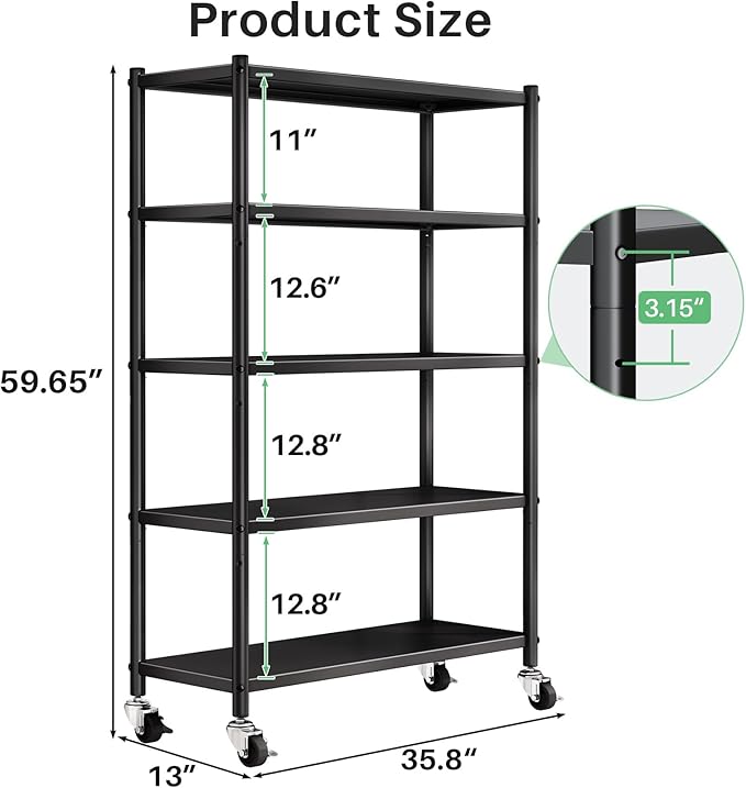 PXRACK Metal Shelving for Storage, 5 Tier Adjustable Kitchen Storage Shelves with Wheels, Shelving Unit Bookshelf Utility Shelf Metal Storage Rack for Garage Pantry Closet Laundry, 35.8"x13"x59.65"