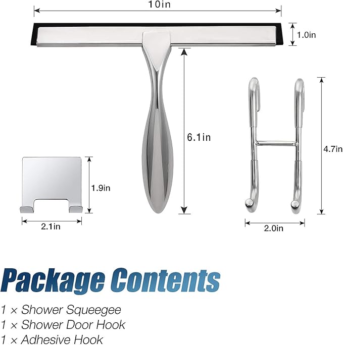 Simtive 10-Inch Shower Squeegee Set, Includes Shower Door Hook and Adhesive Hook, Squeegee for Shower Doors, Mirror and Window, Silver