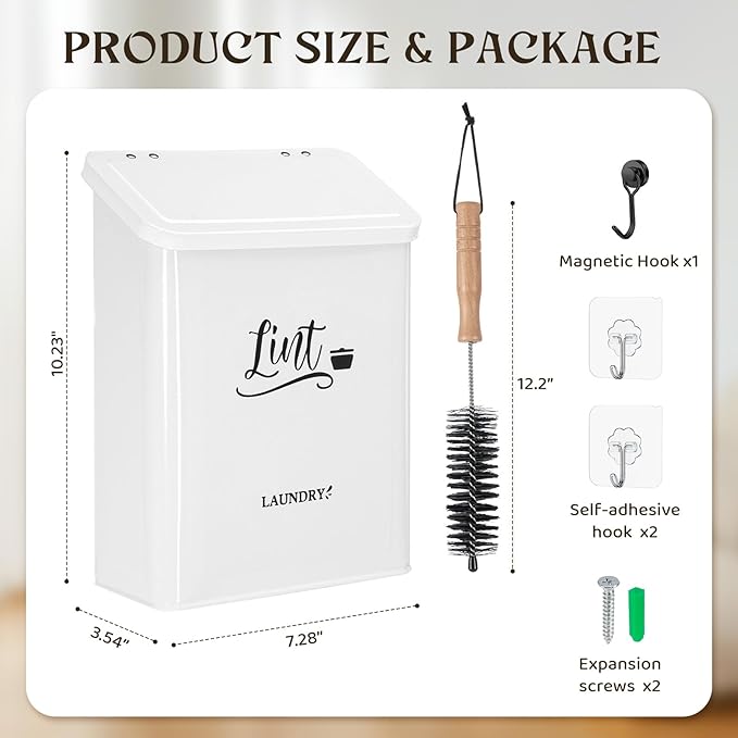CINPIUK Magnetic Lint Bin for Laundry Room with Brush & Hook - Large Laundry Organizer and Storage, Wall Mounted Trash Can with Lid, Space-Saving Dryer Lint Holder Laundry Room Decor, White