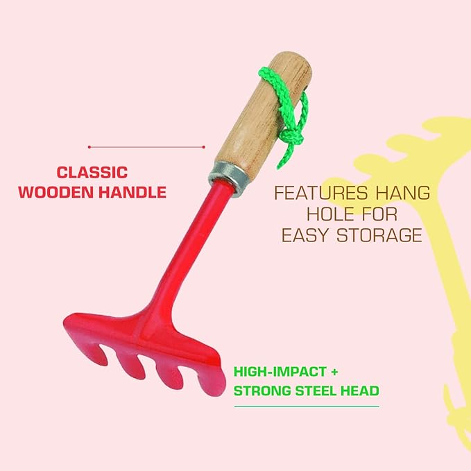 Rugg Kids Garden Hand Hoe, Mini Digging Tool with Wooden Handle, Gardening Tool for Children, Red