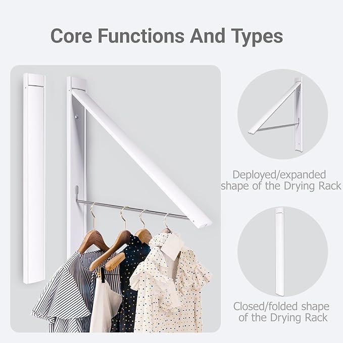 Clothes Drying Rack Folding Indoor,Laundry Room Organization,Wall Mounted Drying Racks for Laundry,Laundry Drying Rack Collapsible,Laundry Drying Rack,Retractable Clothesline (Pearl White)