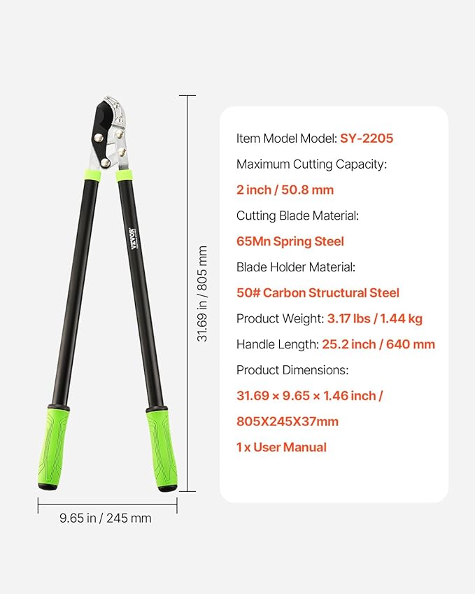 VEVOR Loppers for Tree Trimming, 32 inch Garden Anvil Trimmer with Compound Action, Sharp Steel Blade, Heavy Duty Tree Branch Cutter Up to 2 inch Dia Cut Capacity, Ergonomically Designed Handles