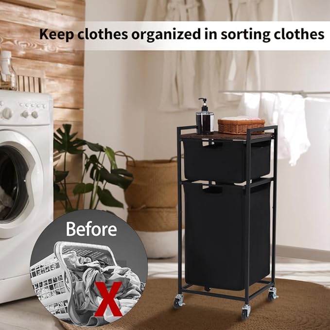 LUCKUP Laundry Hamper with Shelf, Laundry Sorter 2 Section with Removable Bags, Laundry Basket Cart with Table Wheels Laundry Room Storage and Organization, Dirty Clothes Hamper for Small Space